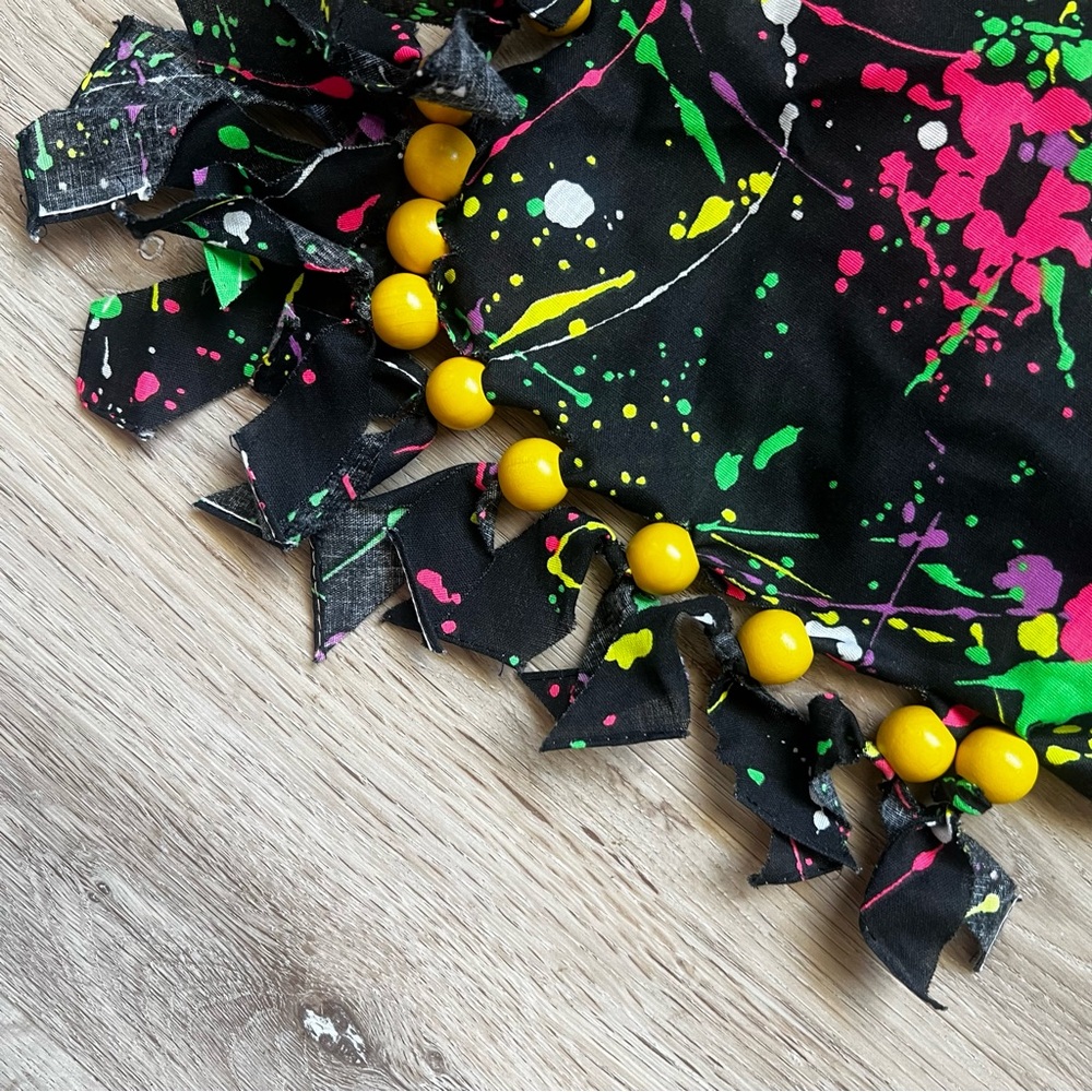 Vintage 80s Beaded Neon Paint Splatter Bandana - Picture 3 of 4